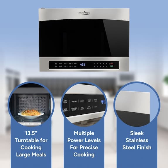 13.5" turntable for cooking large meals, multiple power levels for precise cooking, sleek stainless steel finish