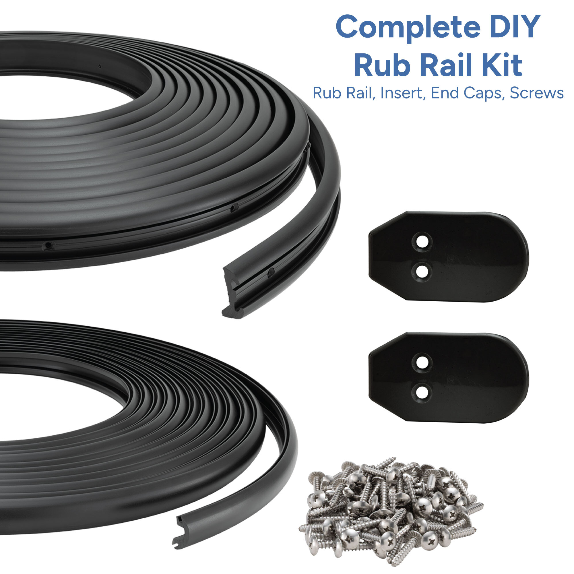 Complete DIY Rub Rail Kit. Rub Rail, Insert, End Caps, Screws Complete DIY Rub Rail Kit. Rub Rail, Insert, End Caps, Screws