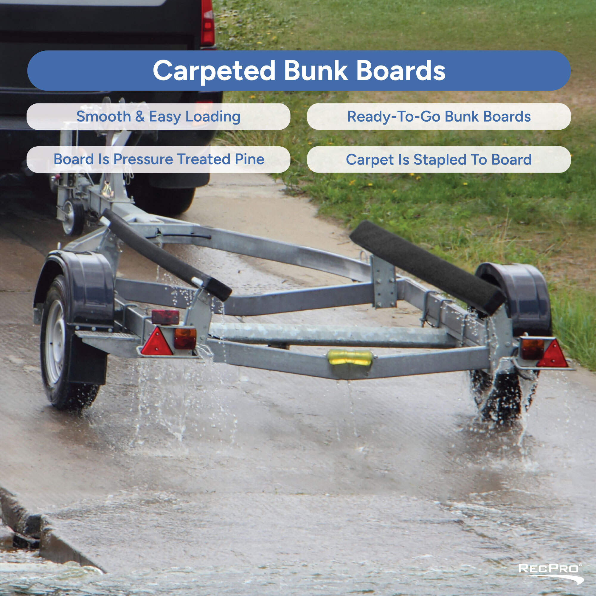 Smooth and Easy Loading, Board Is Pressure Treated Pine, Ready-To-Go Bunk Boards, Carpet Is Stapled To Board Smooth and Easy Loading, Board Is Pressure Treated Pine, Ready-To-Go Bunk Boards, Carpet Is Stapled To Board