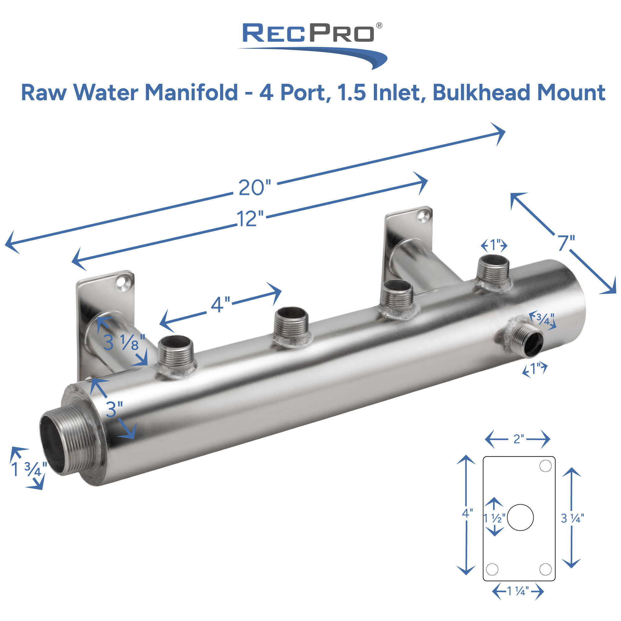Raw Water Manifold 4 Port, 1.5 Inlet, Bulkhead Mount Measurements 
