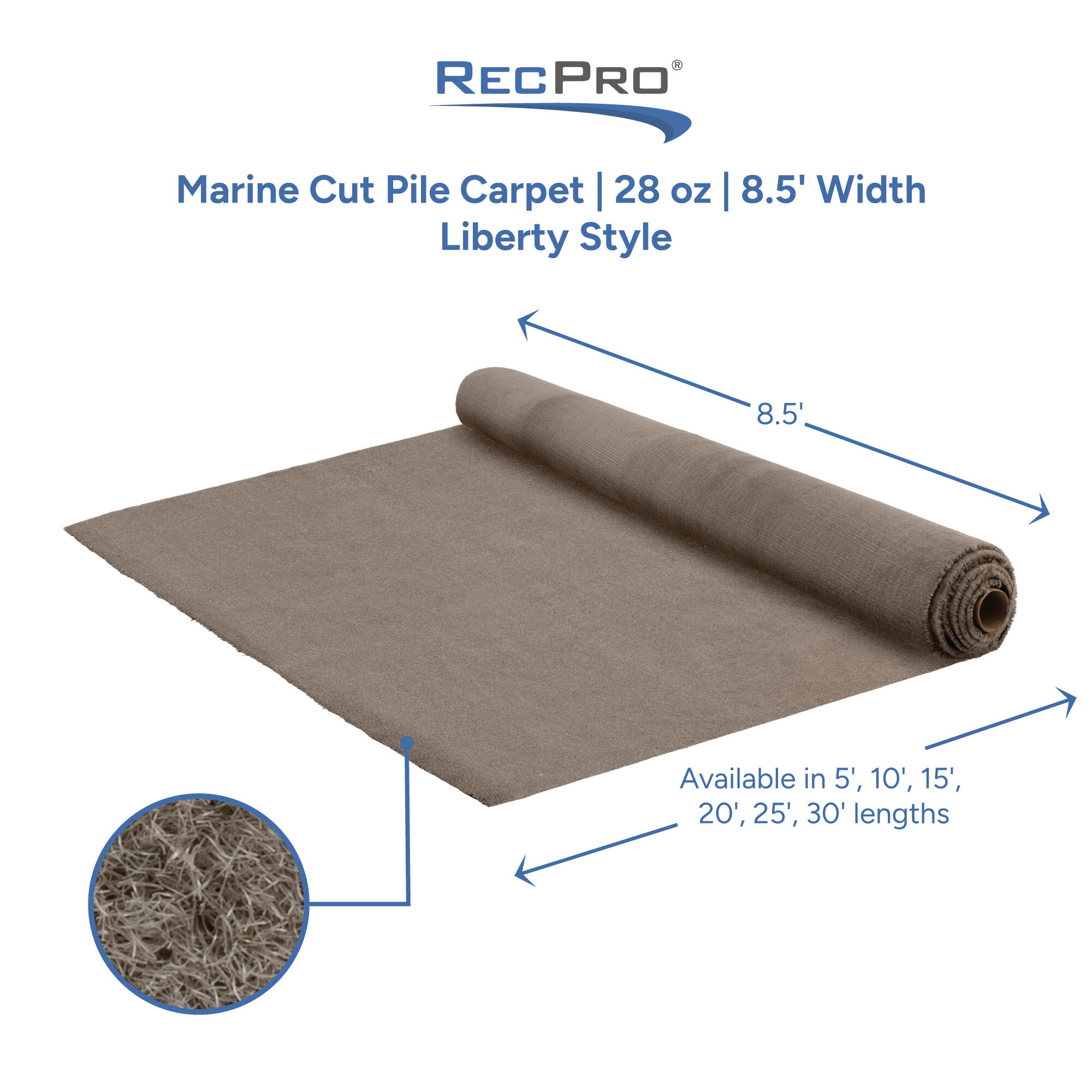 Marine Cut Pile Carpet 28 oz 8.5' Width Liberty Style Measurements