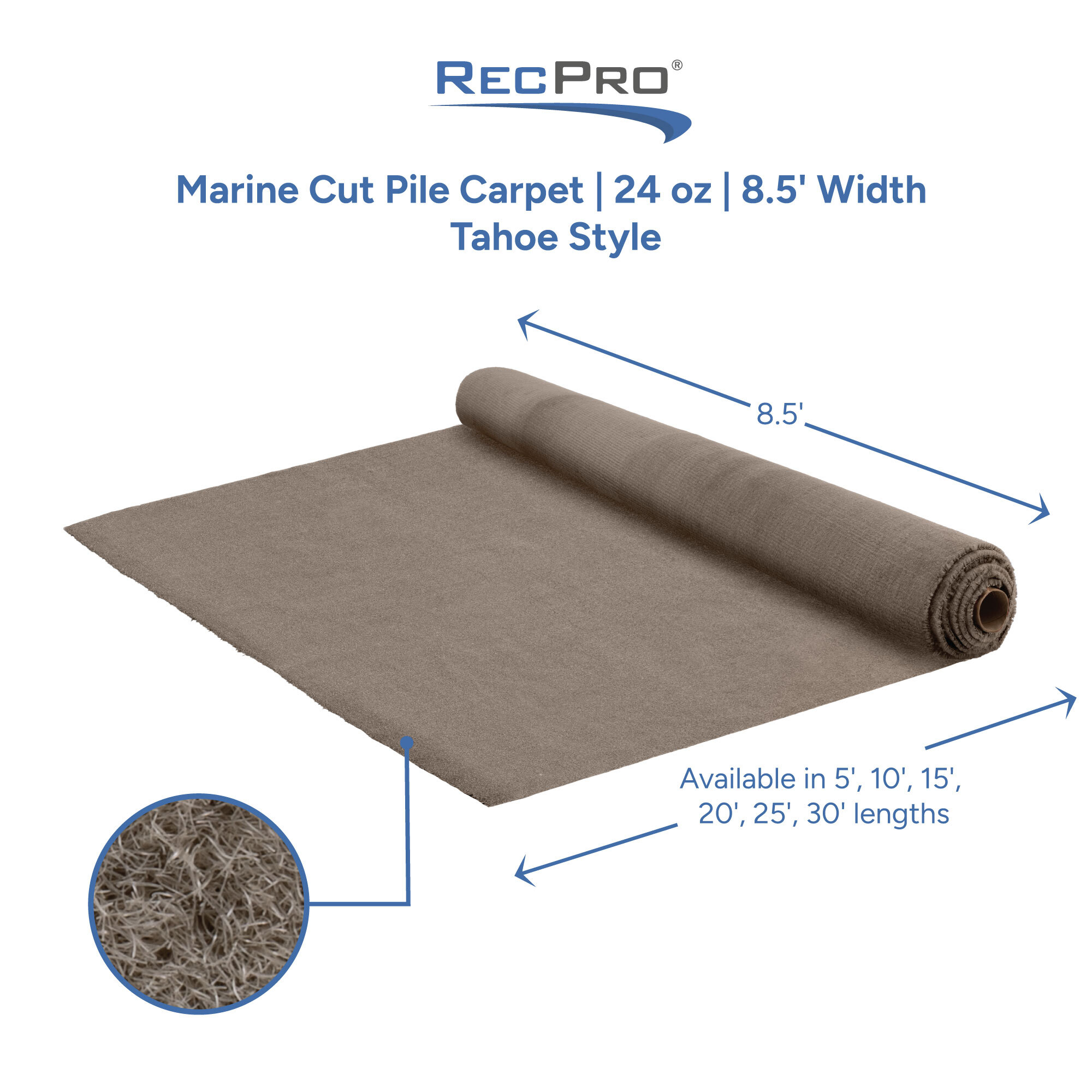 Marine Cut Pile Carpet 24 oz 8.5' Width Tahoe Style Measurements