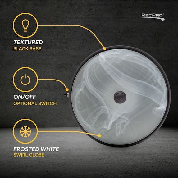 textured black base, on/off switch, frosted white swirl globe