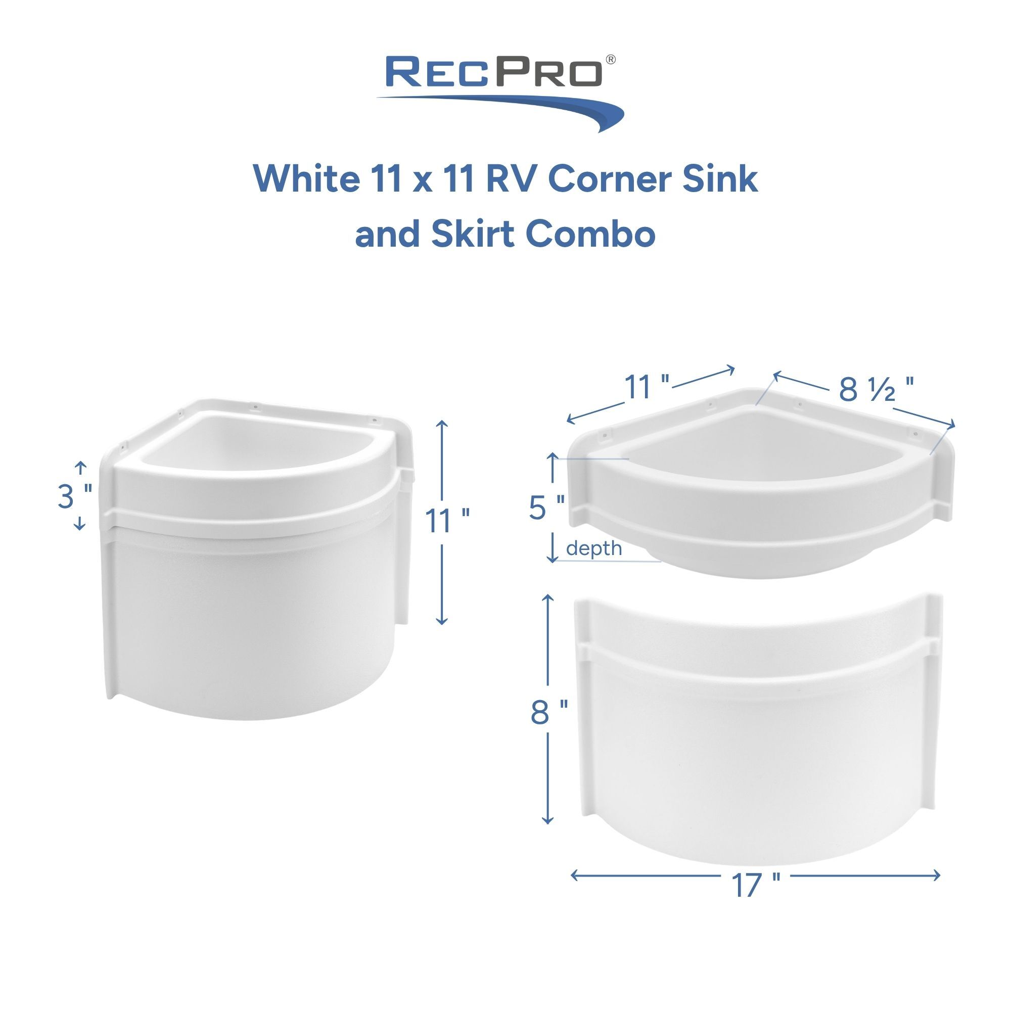 White 11 x 11 RV Corner Sink and Skirt Combo Measurements 