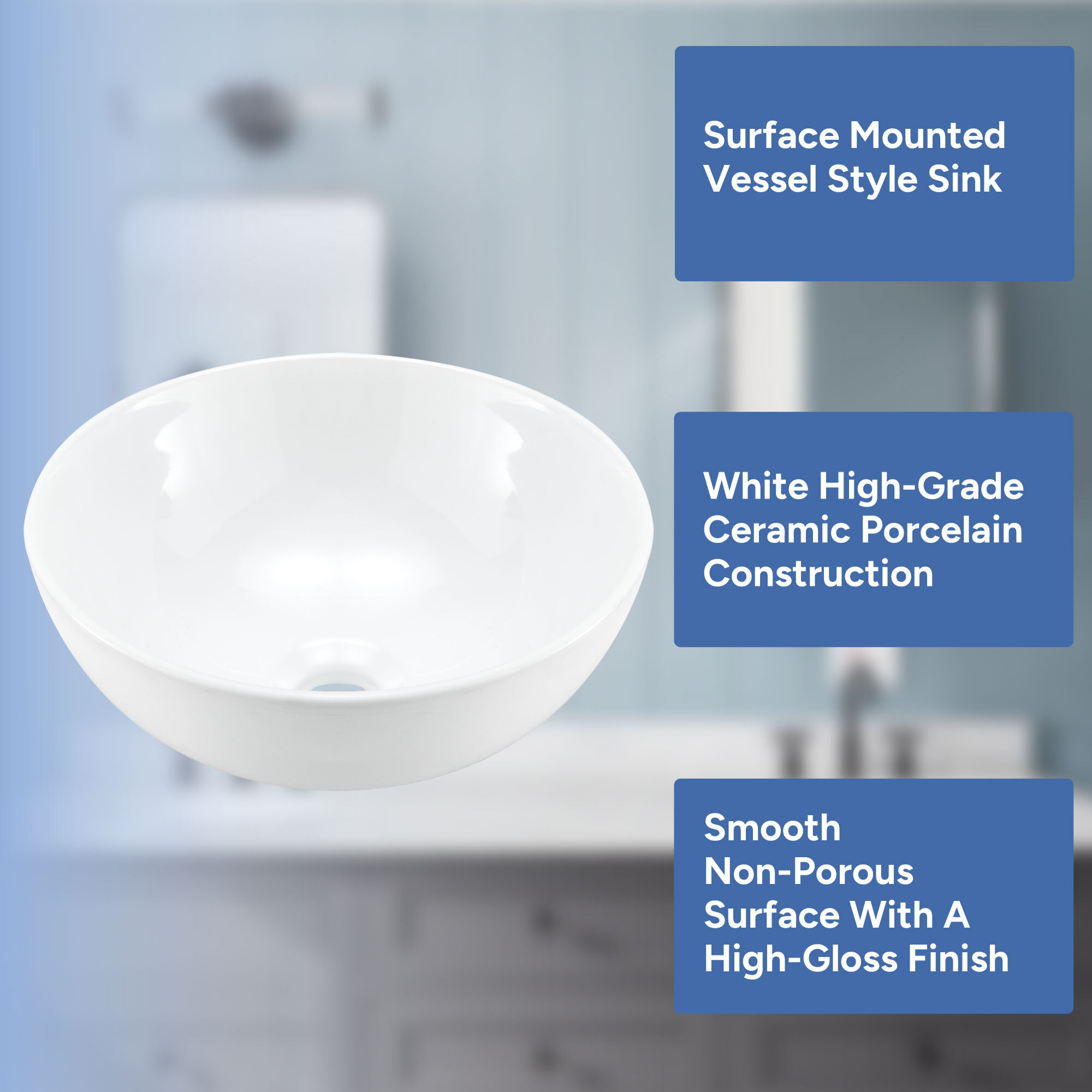 Surface mounted vessel, Ceramic porcelain, Smooth non-porous surface