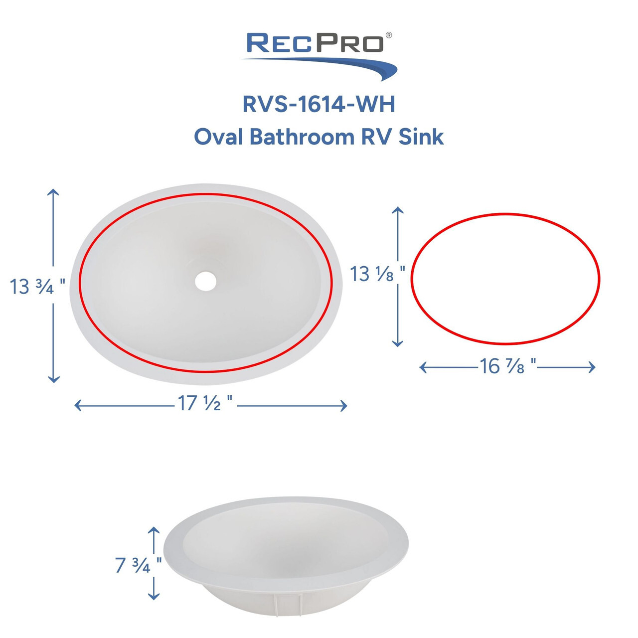 RVS-1614 Oval BAthroom RV Sink Measurements 