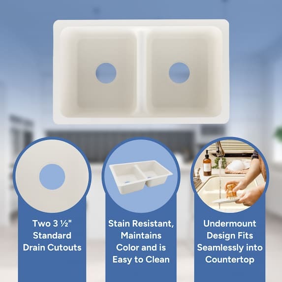 two 3 1/2" standard drain cutouts, stain resistant, maintains color and is easy to clean, undermount design fits seamless into countertop