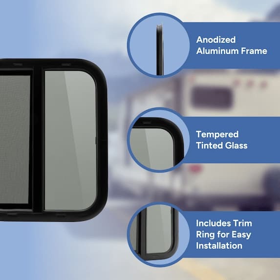 anodized aluminum frame, tempered tinted glass, includes trim ring for easy installation 