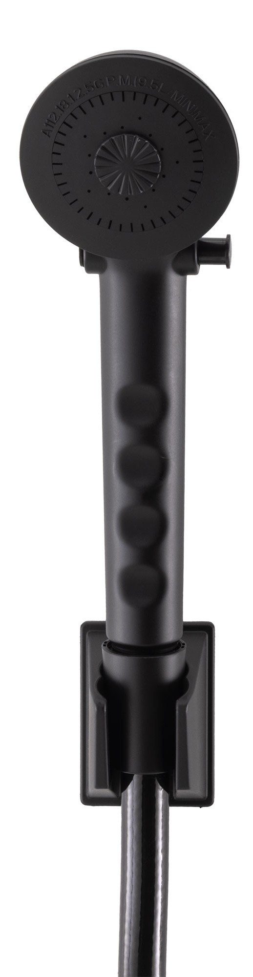 Black RV handheld shower head front view.