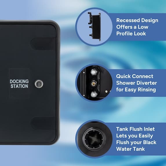 recessed design offers a low profile look, quick connect shower diverter for easy rinsing, tank fluish inlet lets you easily flush your black water tank