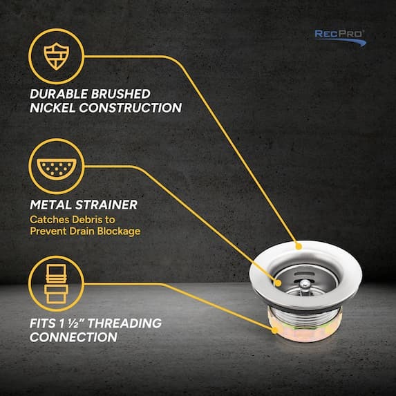 durable brushed nickel construction, metal strainer, fits 1 1/2" Threading connection