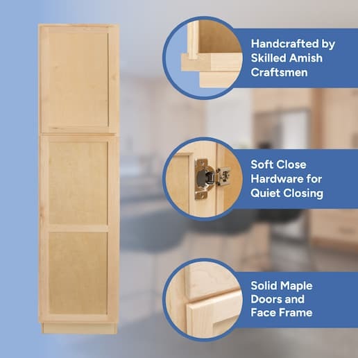 handcrafted by skilled amish craftsmen, soft close hardware, solid maple doors, face frame, and drawer front
