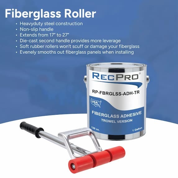heavy duty, non-slip handle, extends from 17" - 27", die-cast second handle provides more leverage, soft rubber rollers won't scuff or damage your fiberglass, evenly smooths out fiberglass panels when installing