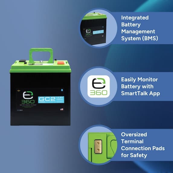 integrated battery management system, easily monitor battery with smarttalk app, oversized terminal connection pads for safety