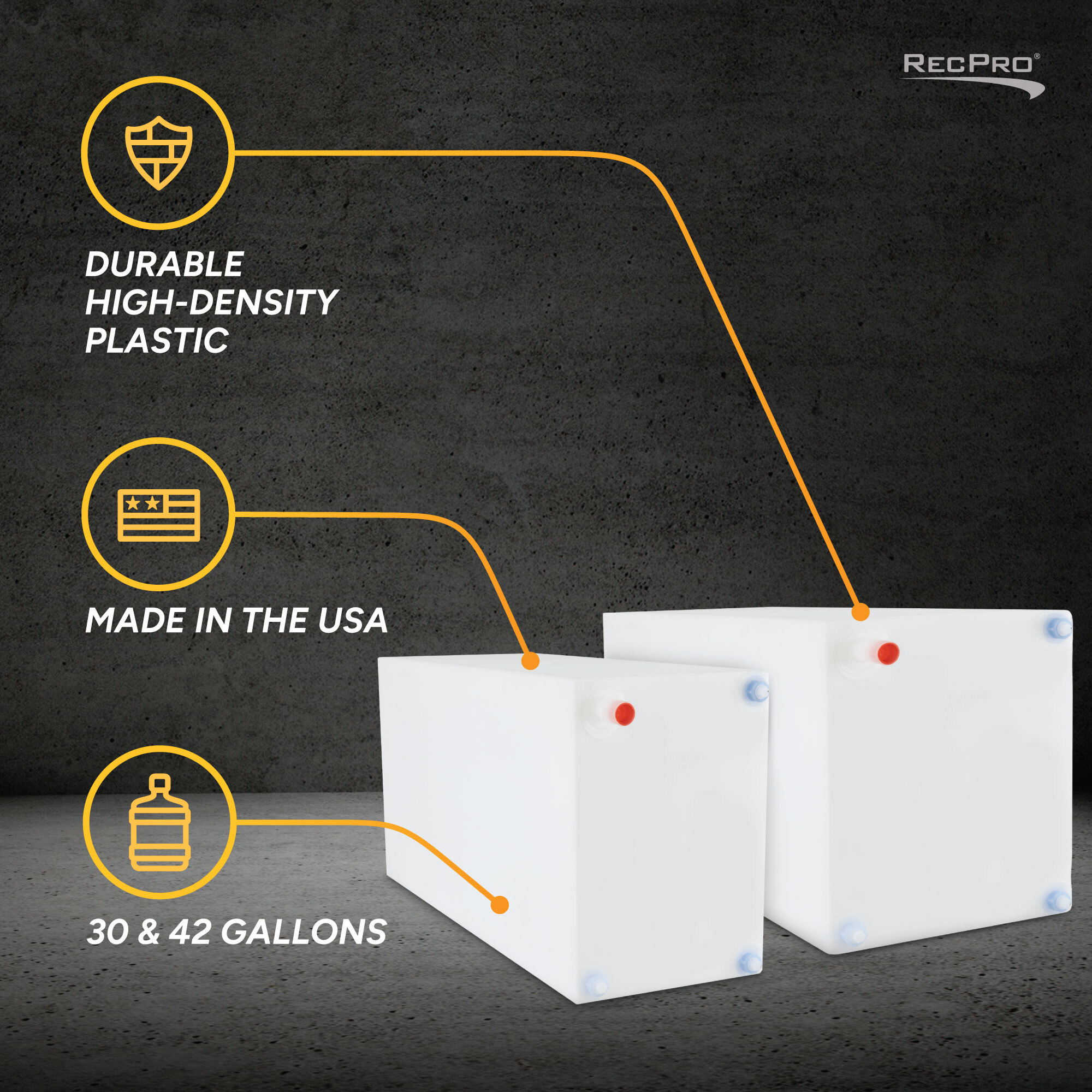 Durable High-Density Plastic, Made in the USA, 30 & 42 Gallons