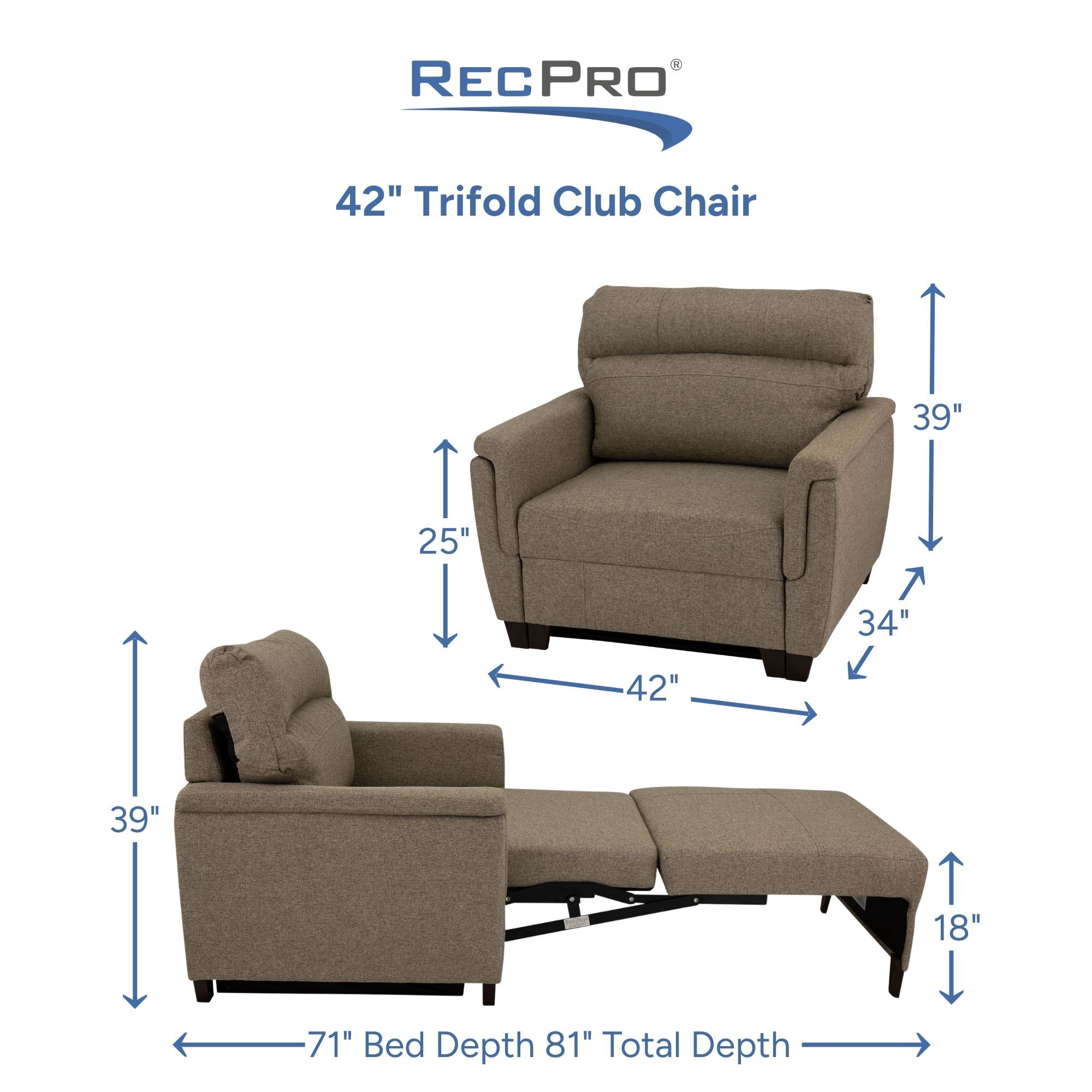 42" Trifold Club Chair measurements 