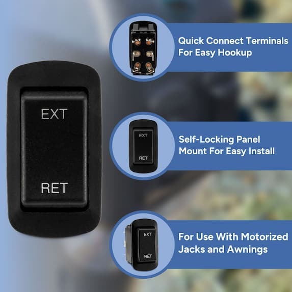 quick connect terminals for easy hookup, self-locking panel mount for easy install, for use with motorized jacks and awnings