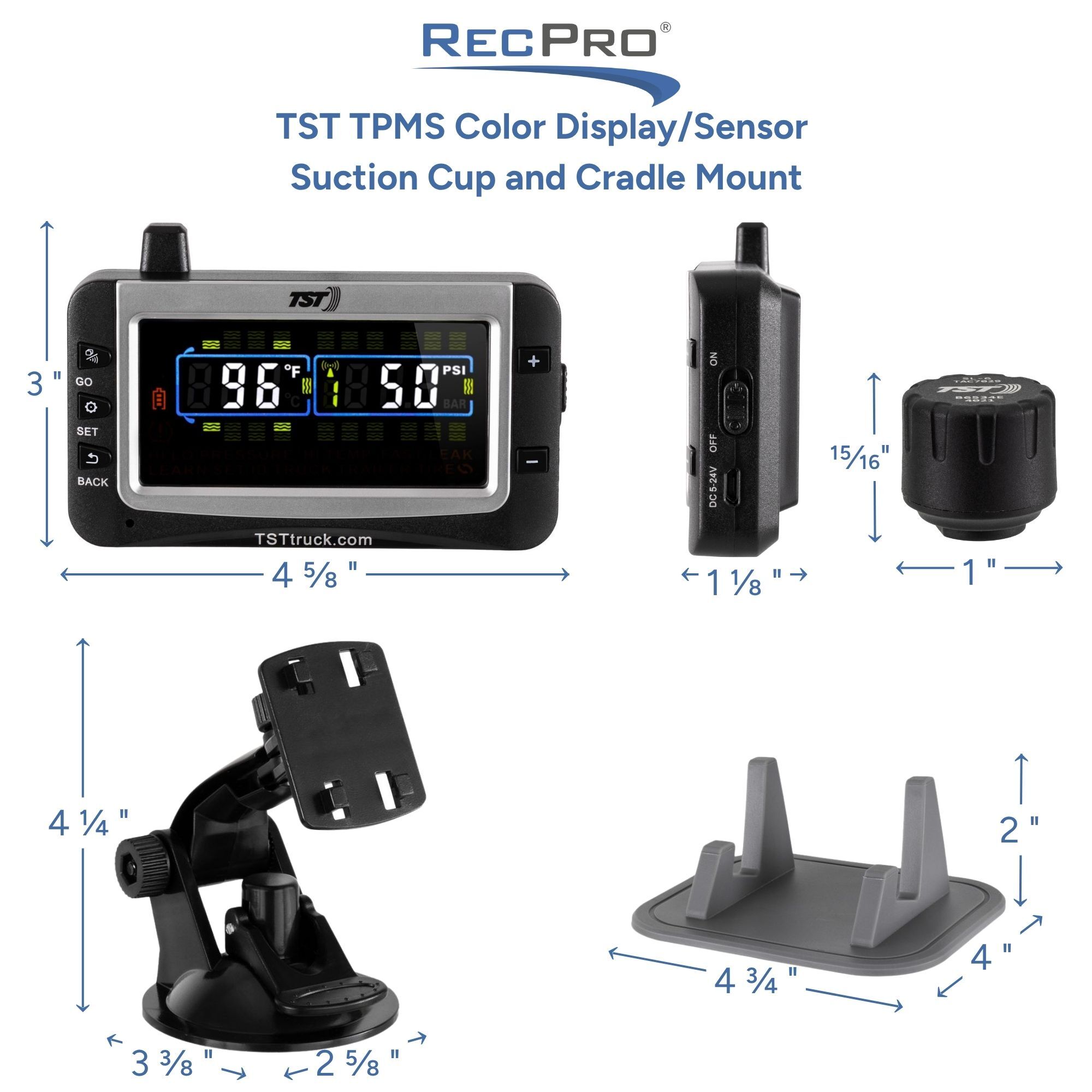TST TPMS Color Display / Sensor Suction Cup and Cradle Mount Measurements 