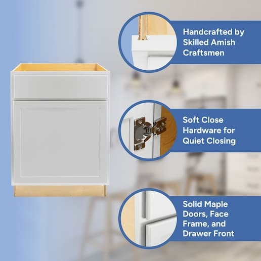 handcrafted by skilled amish craftsmen, soft close hardware, solid maple doors, face frame, and drawer front