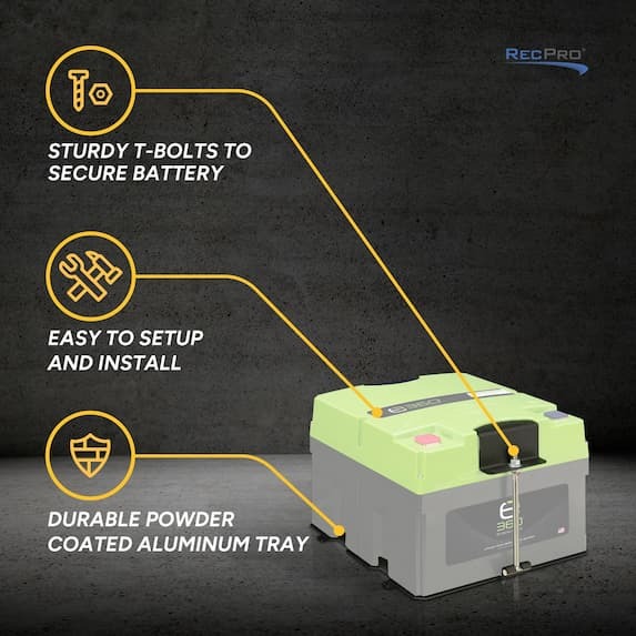 sturdy t-bolts to secure battery, easy to setup and install, durable powder coated aluminum tray