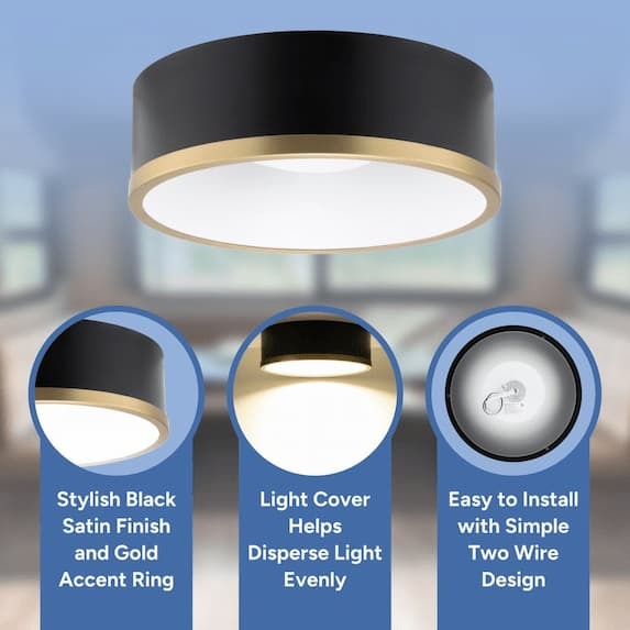 stylish black satin finish and gold accent ring, light cover helps disperse light evenly, easy to install with simple two wire design