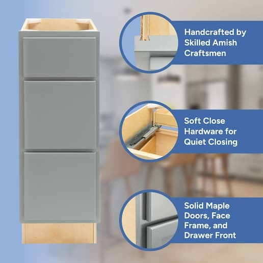 handcrafted by skilled amish craftsmen, soft close hardware, solid maple doors, face frame, and drawer front