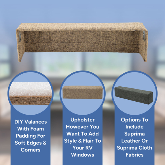 DIY Valances with foam padding for soft edges & corners, upholster however you want to add style & flair to your RV windows, add suprima leather or suprima cloth fabrics