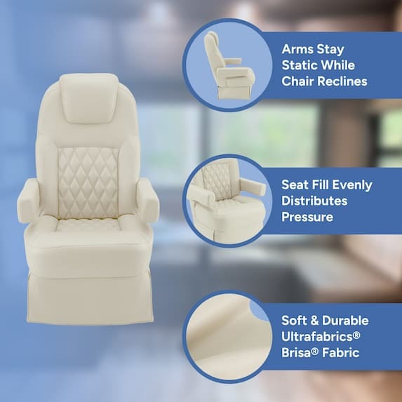 arms stay static while chair reclines, seat fill evenly distributes pressure, soft & durable ultrafabrics brisa fabric
