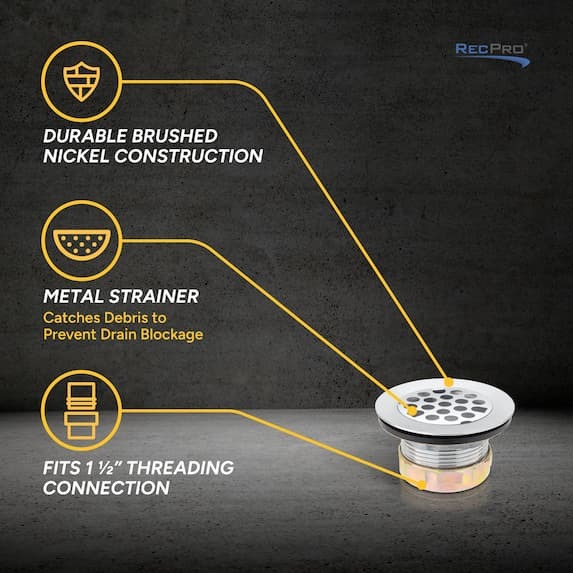 durable brushed nickel construction, metal strainer, fits 1 1/2" Threading connection