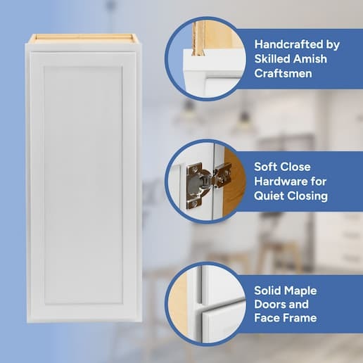 handcrafted by skilled amish craftsmen, soft close hardware, solid maple doors, face frame, and drawer front