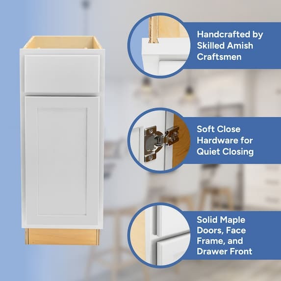 handcrafted by skilled amish craftsmen, soft close hardware, solid maple doors, face frame, and drawer front