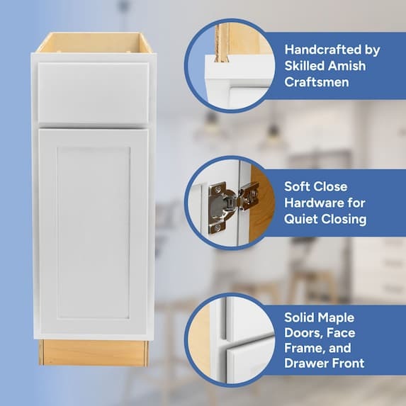 handcrafted by skilled amish craftsmen, soft close hardware, solid maple doors, face frame, and drawer front