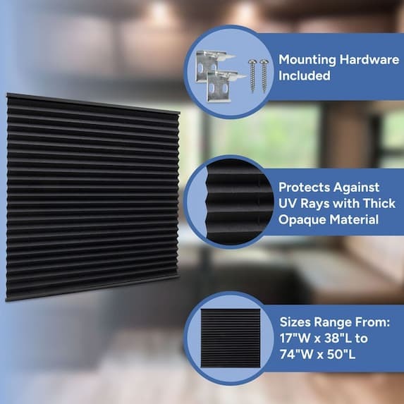 mounting hardware included, protects against UV rays with thick opaque material, sizes range from 17" x 38" to 74"W x 50"