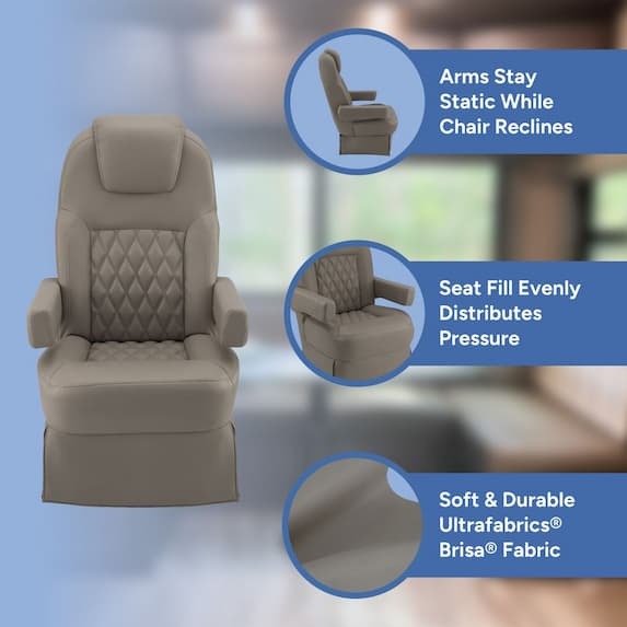 arms stay static while chair reclines, seat fill evenly distributes pressure, soft & durable ultrafabrics brisa fabric