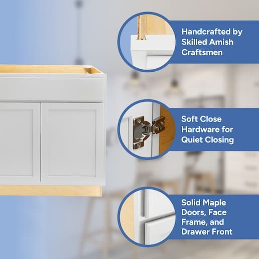 handcrafted by skilled amish craftsmen, soft close hardware, solid maple doors, face frame, and drawer front