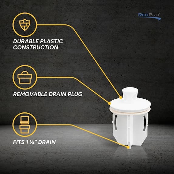 durable plastic construction, removable drain plug, fits 1 1/4" drain