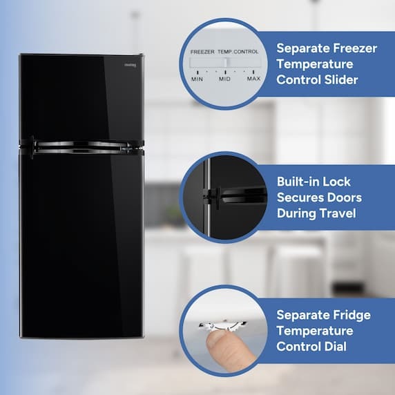 separate freezer temperature control slider, built-in lock secures doors during travel, separate fridge temperature control dial