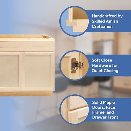 handcrafted by skilled amish craftsmen, soft close hardware, solid maple doors, face frame, and drawer front