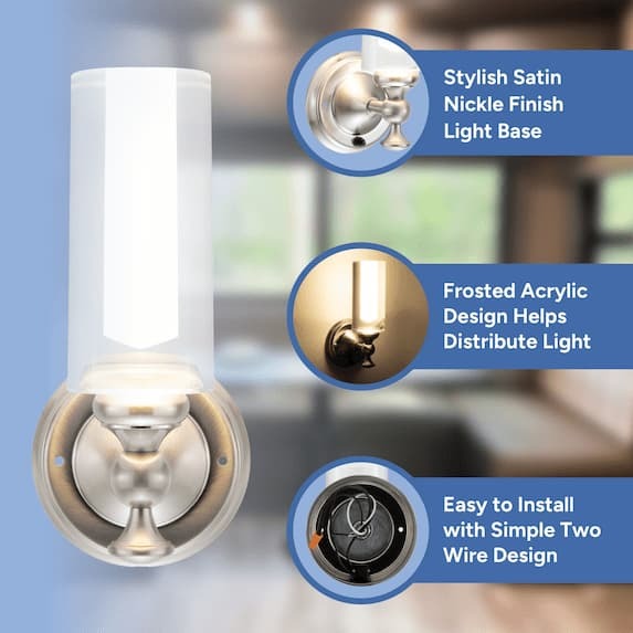stylish satin nickel finish light base, frosted acrylic design helps distribute light, easy to install with simple two wire design