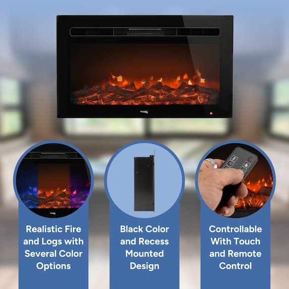 realistic fire and logs with several color options, black color and recess mounted design, controllable with touch and remote control