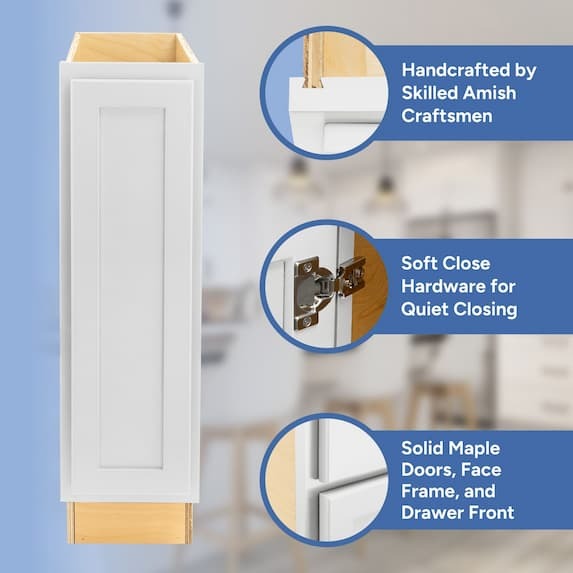 handcrafted by skilled amish craftsmen, soft close hardware, solid maple doors, face frame, and drawer front