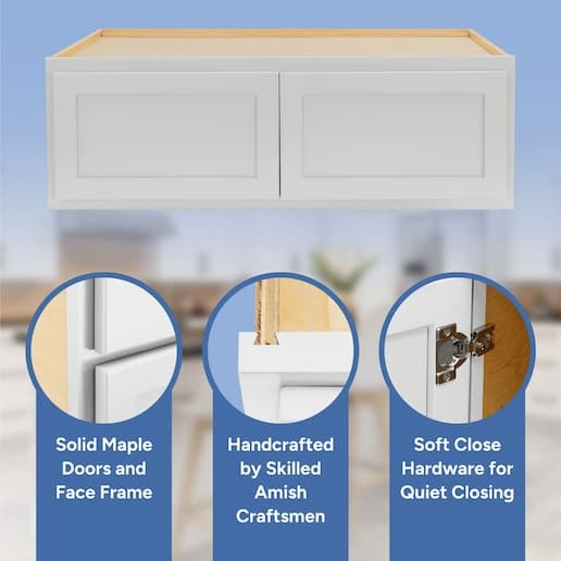handcrafted by skilled amish craftsmen, soft close hardware, solid maple doors, face frame, and drawer front