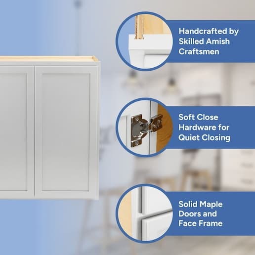 handcrafted by skilled amish craftsmen, soft close hardware, solid maple doors, face frame, and drawer front