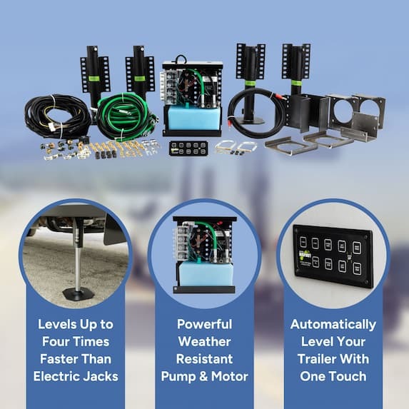 levels up to four times faster than electric jacks, powerful weather resistant pump and motor, automatically level your trailer with one touch
