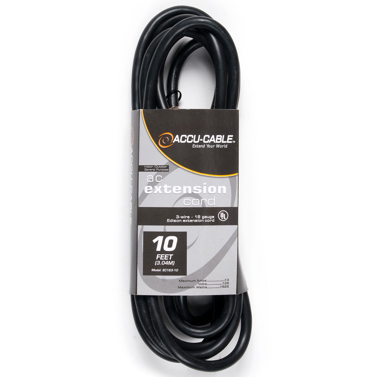 Accu-Cable Edison Extension Cable 16AWG Black, 10 ft - Monkey