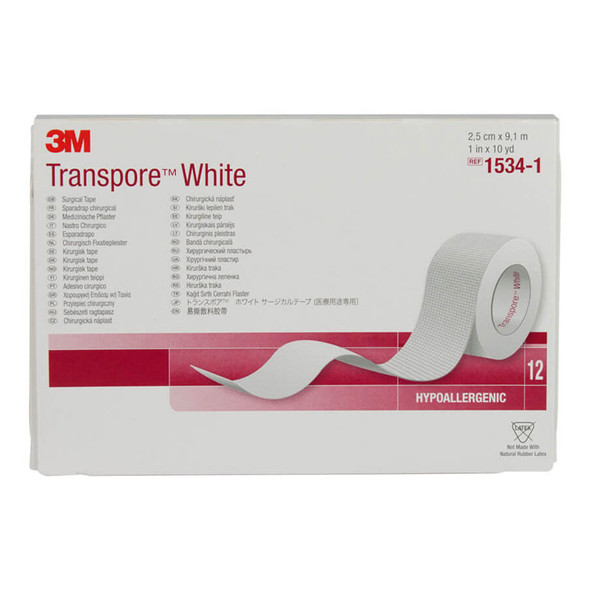 3M 1534 Transpore White Surgical Tape 1/2" Box of 12 Rolls for wireless mics