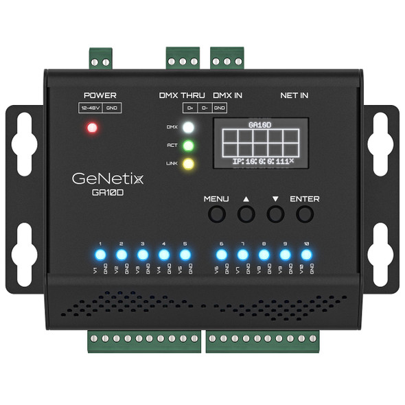 GeNetix DIN DMX to 0-10v Converter front with rack ears