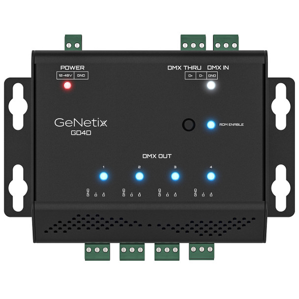GeNetix 4-Port DIN DMX Splitter front with rack ears