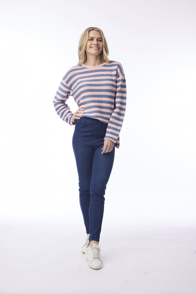 Women's Top | R-neck Stripe Knit Top | ORIENTIQUE