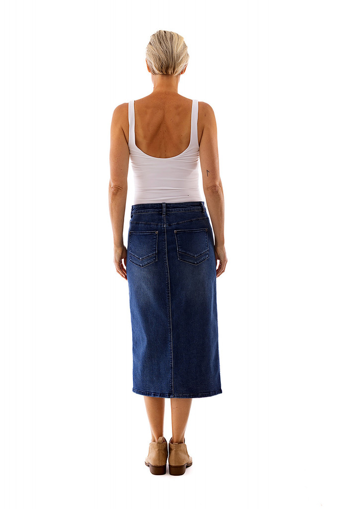 Women's Skirt | Midi Stretch Denim Skirt | Cafe Latte
